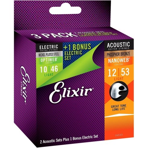 ELIXIR 16553 2 X SET PHOS. BRONZE 12/53 + 1 SET ELEC. 10/46