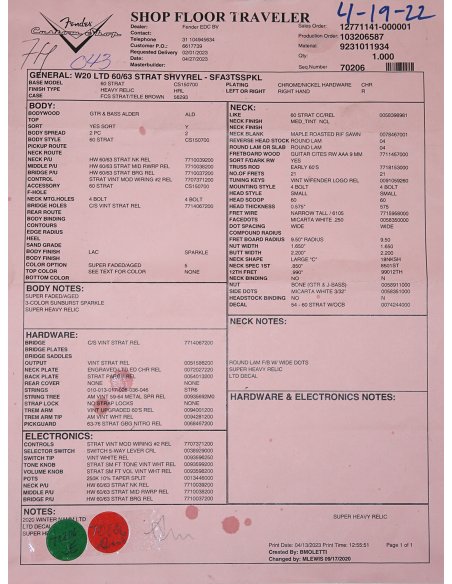 FENDER LTD ED. '60/'63 STRAT SUPER HEAVY RELIC FADED AGED 3 CS SPARKLE