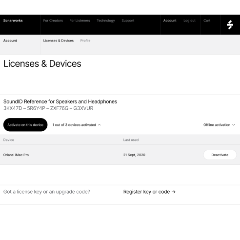 SONARWORKS Upgrade da Reference 4 HE a SoundID per Cuffie - Codice