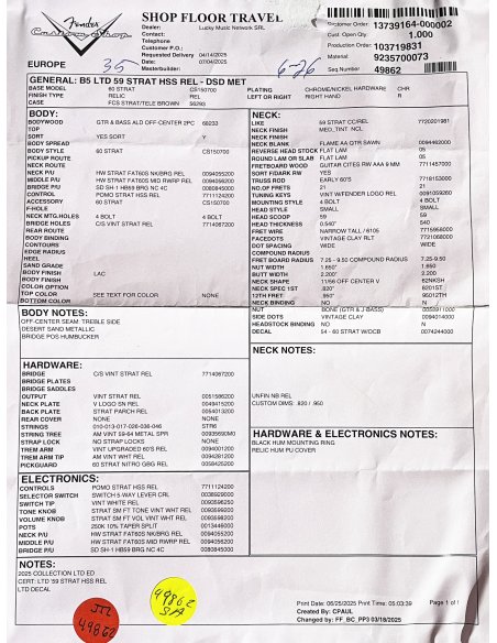 FENDER LTD 59 STRAT HSS RELIC DESERT SAND METALLIC